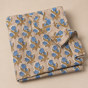 Tissu en coton imprimé à la main, motif floral Buta beige et bleu, doux et respirant, idéal pour la confection de robes, de Kurta et la décoration intérieure. - Product Image 5