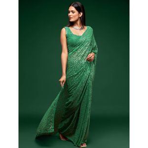 Joli saree en georgette à paillettes vert menthe - Product Image 5