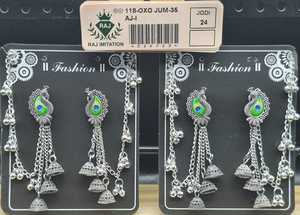 Boucles d'oreilles Jhumka à plusieurs niveaux en argent oxydé avec motif Paisley et plumes de paon, et ensemble de chaîne de cheveux Ghungroo intégré - Product Image 2