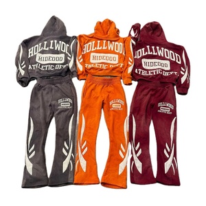 Conjunto de Sudadera con Capucha y Pantalones Deportivos Personalizados para Hombre, Bordado, Apliques, Efecto Desgastado, Cierre de Cremallera, Estilo Holgado, Efecto Desteñido por el Sol, Pantalones Acampanados - Product Image 1