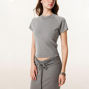 T-shirt côtelé à manches raglan pour femme 2026 gris acier coupe ajustée extensible mélange de coton décontracté été basique texturé HD - Product Image 1