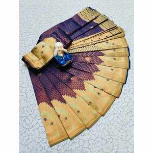 ATTRACTIVE TISSU DE SOIE ZARI TISSU TRAVAIL SAREE AVEC CHEMISIER NON COUDU BLEU MARINE - Product Image 1