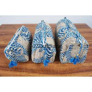 Ensemble de trousses de voyage durables en coton à motif pompon avec fermeture éclair - Écologiques, réutilisables, petite taille, pour rangement de maquillage - Product Image 2