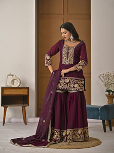 Conjunto de Kurti de seda Fendy con bordado elaborado, pantalón Sharara forrado y dupatta a juego con borde de encaje para mujer NG 4013 - Product Image 5