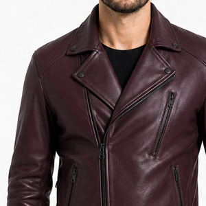 Premium Streetwear <b>Burgundy</b> Men's <b>Leather</b> <b>Jacket</b> Asymmetric Zip High Quality classic <b>jacket</b> - Product Image 3
