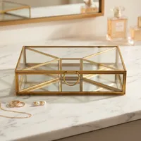 Boîte à bijoux rectangulaire moderne en verre et laiton Artisan Design B72 avec couvercle miroir, idéale pour le voyage, le rangement et les séparateurs décoratifs