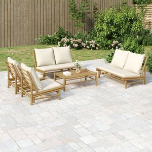 Ensemble de salon de jardin en bambou blanc crème naturel avec collection de meubles d'extérieur élégants en polyester - Product Image 1