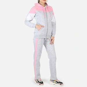 Women Gray <b>Pink</b> Color Blocking <b>Tracksuit</b> 2Pcs <b>Set</b> Hooded Zipper Closure Casual Full Sleeve Side Pockets Spring Wear - Product Image 3