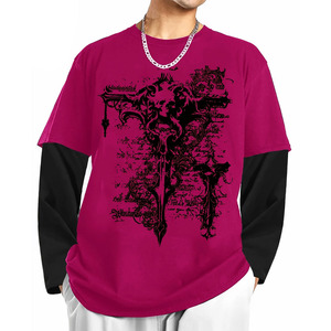 High Quality Double Layer T <b>Shirt</b> Streetwear Distressed Full Print Graphic <b>Flame</b> Sleeves Y2K Double Layer Long Sleeve T <b>Shirt</b> - Product Image 1