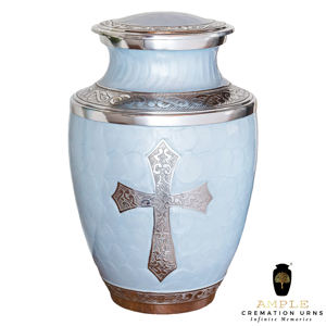 Urna Funeraria Cristiana de Metal Azul Claro con Cruz Plateada |   Urna Funeraria para Cenizas Humanas de Adultos |   220 Pulgadas Cúbicas Ecológicas y Duraderas - Product Image 2