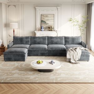 Divano a U in Tessuto Corduroy a 4 Posti, Set Comodo con Seduta Profonda, 2 Poggiapiedi Mobili, Divano Cloud Confortevole per Soggiorno - Product Image 5