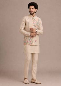 Floral Embroidered <b>Men</b> <b>Kurta</b> Pant Set Beige Satin Woven Formal Indian Outfit with Jacket - Product Image 3