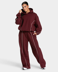 Sudadera con capucha para mujer, color burdeos, con contraste de líneas, estilo casual, oversize, de forro polar premium, con ribetes - Product Image 5