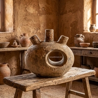 Vase en céramique artisanal Akosada en terre cuite rustique marron à 3 becs, Urne décorative de table, Design personnalisable 20x28cm B2B