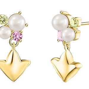 Boucles d'oreilles pendantes en perles blanches et or avec accents de cristaux verts et roses, motif feuille de lierre, design élégant pour femme - Product Image 2