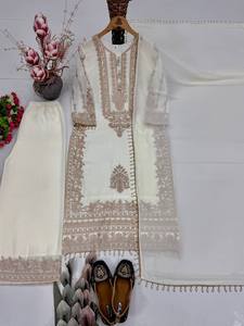 <b>White</b> Embroidered Floral Modern Salwar <b>Suit</b> with Dupatta Traditional Indian Pakistani <b>Wedding</b> Wear Regular Length <b>Women's</b> Dress - Product Image 5