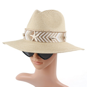Chapeau de soleil Panama en paille à large bord pour femme, style étoile de mer et coquillage, avec bande de ruban et corde, idéal pour la plage et les voyages - Product Image 3