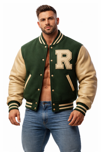 Blouson Bomber Unisexe Personnalisable Lettre R Vert & Beige Style Letterman avec Patch Chenille Logo Avant Imperméable pour Branding d'Équipes - Product Image 4
