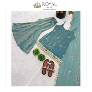 Traje Sharara de Seda Pura Fendi para Mujer, Colección de Diseñador de Ropa India para Fiestas, con Bordado de Lentejuelas, en Venta - Product Image 2