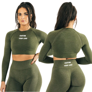 <b>Women's</b> Seamed High Waisted Yoga Leggings Crop <b>Top</b> Set Full Length Long Sleeve Crew Neck Solid Color 4 Way Stretch Front - Product Image 4