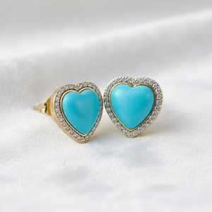 ต่างหูเงินแท้ 925 ชุบทอง 14K ประดับด้วยเทอร์ควอยซ์ธรรมชาติทรงหัวใจ ดีไซน์เรียบหรู เหมาะสำหรับเจ้าสาว เป็นของขวัญ - Product Image 5