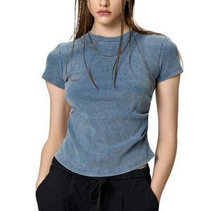 เสื้อยืดแขนสั้นผู้หญิงสำหรับฤดูร้อน ทรงเข้ารูป ผ้าฝ้าย 280GSM ล้างสีแบบ Acid Wash มีจีบด้านข้าง เหมาะสำหรับสาวๆ วัยเรียน - Product Image 5