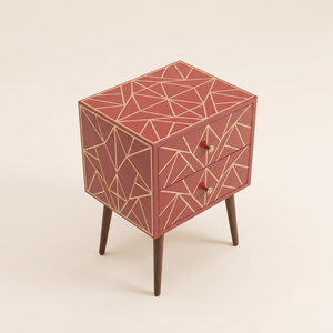 Proveedor Indio Moderno y Ecológico Ofrece Mesita de Noche de Dos Cajones con Incrustaciones de Hueso Hechas a Mano, Patrón Geométrico de Rayos de Sol para Sala de Estar - Product Image 3