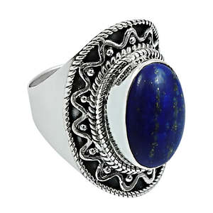 925 Sterling Silver Lapis Lazuli Gemstone <b>Ring</b> Bohemian Style <b>Statement</b> <b>Ring</b> Handcrafted Vintage Oval Cut Gemstone Jewelry - Product Image 1