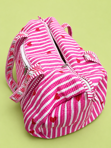 Bolsa de Viaje Acolchada con Rayas Rosas y Estampado de Corazones, Bolsa de Lona con Cierre, Bolsa de Viaje de Gran Capacidad, Bolsa de Algodón - Product Image 3