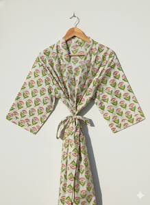 ชุดคลุมบ้านผ้าฝ้ายแท้พิมพ์ลายบล็อกอินเดีย คิโมโนฤดูร้อน |   ชุดคลุมชายหาดลายดอกไม้/ชุดคลุมสำหรับคนท้อง สปริงบลูเทอร์ควอยซ์วอเตอร์ส เอ็กซ์ - Product Image 3