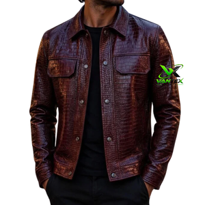 Chaqueta de Motociclista de Lona con Estampado de Cocodrilo Beige para Hombre VANTEX SPORTS, Cuello Alto Informal, Talla Grande, Cierre de un Solo Botón, para Invierno - Product Image 5