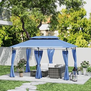 Gazebo da Esterno 3x4m con Doppio Tetto Blu Scuro e Tende per Giardino, Prato, Cortile, Terrazza, Villa, Parco - Product Image 2