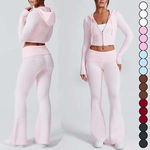 Conjunto de chándal de punto para mujer al por mayor: Sudadera con cremallera, ropa deportiva, atuendo athleisure, pantalones de cintura alta, corte ajustado - Product Image 4