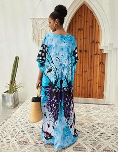 V Neck Maxi <b>Abaya</b> Dress Butterfly Pattern Loose Fit Short Sleeve Flared Hem Polyester Women's Beach Summer Bohemia Style Daily - Product Image 2