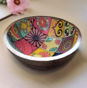 Tazón Redondo de Madera Esmaltada con Diseño Impreso para Ensaladas, Frutas y Aperitivos, para Bodas y Decoración del Hogar, Tazón de Madera Artesanal para Servir - Product Image 6