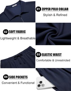 Classic Men's Summer Two-Piece Fleece Floral Outfit Zip Polo <b>Collar</b> <b>T</b>-<b>Shirt</b> Elastic Waist Short Pant Casual Sportswear Jogging - Product Image 5