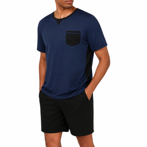 Men's Navy Blue Short Sleeve Eco-Friendly 100% Cotton Sleep Top with Chest Pocket Casual Knitted <b>Pajama</b> Shirt Winter Wear - Product Image 1