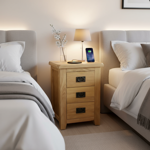 Muebles de dormitorio de madera de pino con diseño tradicional antiguo, hechos en Vietnam, mesita de noche de madera de caucho duradera con 3 cajones. - Product Image 2