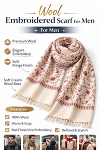 Bufanda de lana para hombre, bordada a mano, diseño de puntos rojos, suave, color crema, cálida, formal, informal, ideal para regalo, venta al por mayor - Product Image 6