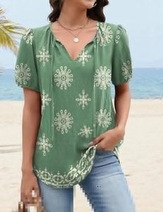 เสื้อผู้หญิงคอวีผูกเอวทรงชาวนา แขนพองหลวมๆ สไตล์ลำลอง เหมาะสำหรับใส่ไปเที่ยวทะเลช่วงฤดูร้อน - Product Image 6