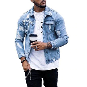 Hot Selling Custom Printed Distressed Hole Design Winter <b>Mens</b> <b>Denim</b> <b>Jackets</b> with Lapel Chest Pockets Waterproof & Breathable - Product Image 1