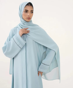 Light Blue Long Sleeve Floor Length <b>Abaya</b> For Women Modest Muslim Clothing Solid Color Polyester Loose Fit Middle East Style - Product Image 5