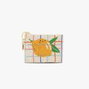 Pochette brodée faite main en tissu de coton, motif citron et orange, avec sequins, perles et perles de rocaille, fermeture éclair, chaîne et bandoulière, personnalisable - Product Image 2