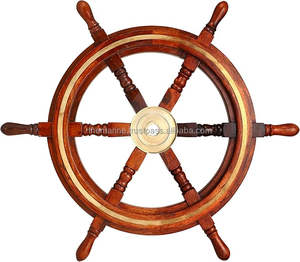 Décoration murale en laiton massif et bois de 18 pouces fabriquée à la main Roue de bateau à finition polie brillante avec design de sculpture Style nautique - Product Image 1
