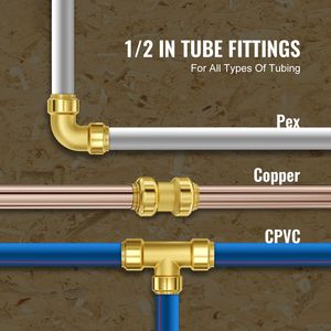25 raccordi a pressione in ottone da 1/2 pollice, include 10 raccordi dritti, 10 raccordi a gomito, 5 raccordi a T per tubi dell'aria e idraulici - Product Image 3