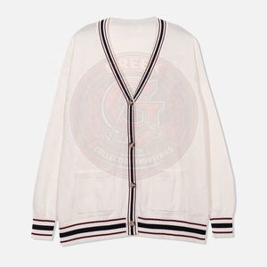 Cárdigan de punto blanco para hombre y mujer, estilo fraternidad griega, manga larga, color sólido, cierre de botones, ribete en contraste, suéter para hombre - Product Image 1