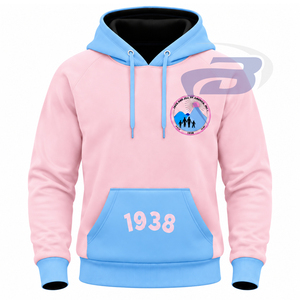 แจ็คแอนด์จิลออฟอเมริกาเสื้อฮู้ดผู้ชายสีชมพูพร้อมกระเป๋าจิงโจ้สีน้ำเงิน 1938 เสื้อฮู้ดลำลองสำหรับผู้หญิงฤดูหนาว - Product Image 1