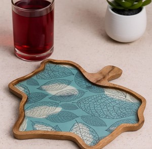Bohemian <b>Leaf</b> Print Wooden Serving Tray with Handle Multi-Functional Decorative Snack & Tea Tray for Kitchen - Product Image 4