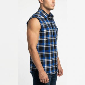 Camisa de Franela a Cuadros sin Mangas para Hombre, Azul y Negro, Cuello Camisero, Transpirable, 100% Algodón, para Otoño - Product Image 3