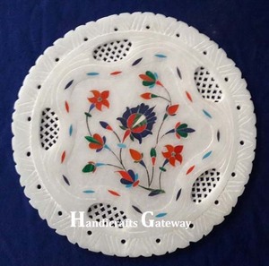 Beautiful Handmade White Marble Round Shape Floral Design Inlay Plate for Home and Restaurant Decoration Purpose Marble Plate - Product Image 3